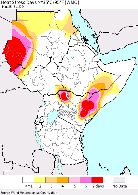 Eastern Africa Heat Stress Days >=35°C/95°F (WMO) Thematic Map For 3/25/2024 - 3/31/2024