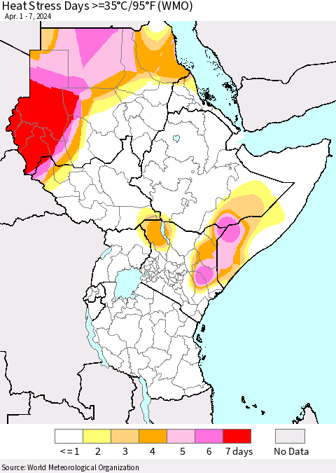 Eastern Africa Heat Stress Days >=35°C/95°F (WMO) Thematic Map For 4/1/2024 - 4/7/2024