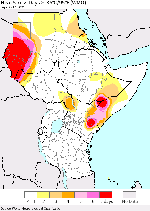 Eastern Africa Heat Stress Days >=35°C/95°F (WMO) Thematic Map For 4/8/2024 - 4/14/2024