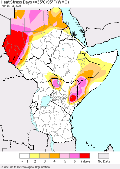 Eastern Africa Heat Stress Days >=35°C/95°F (WMO) Thematic Map For 4/15/2024 - 4/21/2024