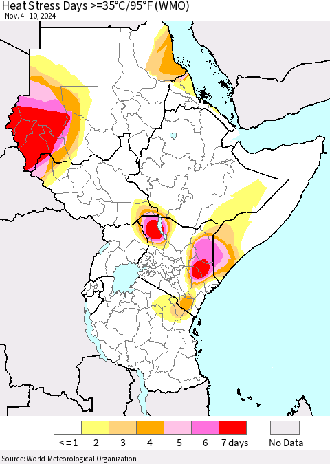 Eastern Africa Heat Stress Days >=35°C/95°F (WMO) Thematic Map For 11/4/2024 - 11/10/2024