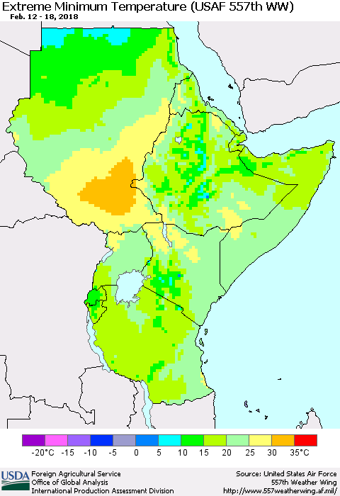 Eastern Africa Minimum Daily Temperature (USAF 557th WW) Thematic Map For 2/12/2018 - 2/18/2018