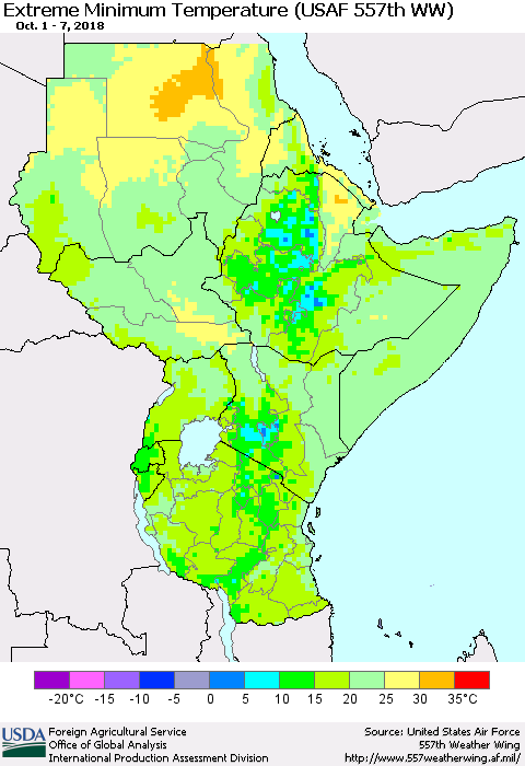 Eastern Africa Minimum Daily Temperature (USAF 557th WW) Thematic Map For 10/1/2018 - 10/7/2018