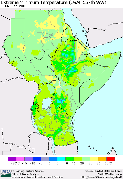 Eastern Africa Minimum Daily Temperature (USAF 557th WW) Thematic Map For 10/8/2018 - 10/14/2018