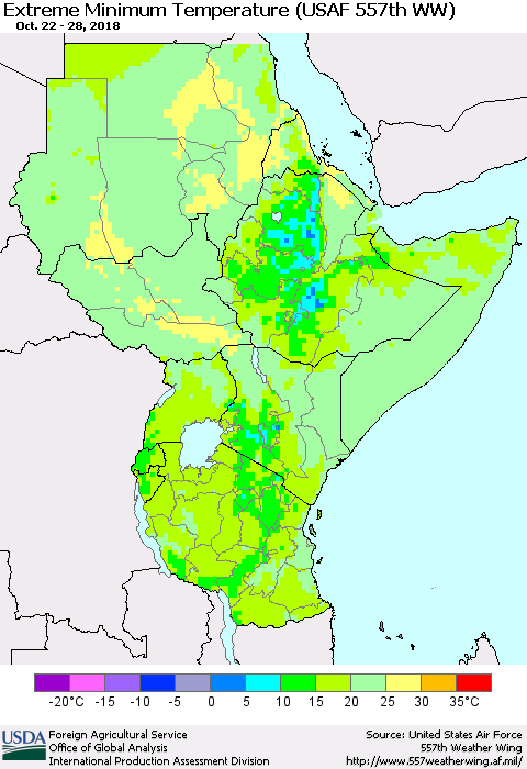 Eastern Africa Minimum Daily Temperature (USAF 557th WW) Thematic Map For 10/22/2018 - 10/28/2018