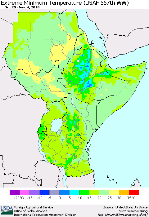 Eastern Africa Minimum Daily Temperature (USAF 557th WW) Thematic Map For 10/29/2018 - 11/4/2018