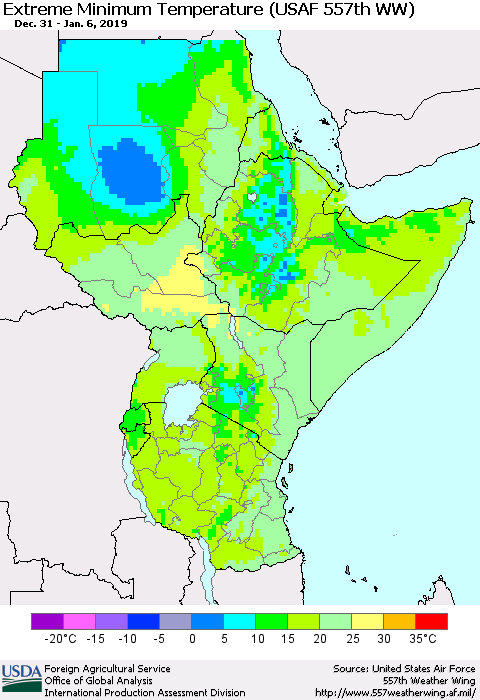 Eastern Africa Minimum Daily Temperature (USAF 557th WW) Thematic Map For 12/31/2018 - 1/6/2019