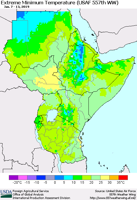 Eastern Africa Minimum Daily Temperature (USAF 557th WW) Thematic Map For 1/7/2019 - 1/13/2019