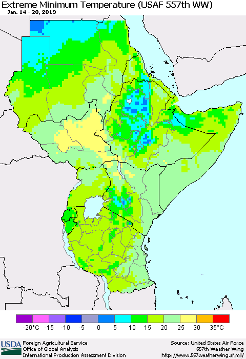 Eastern Africa Minimum Daily Temperature (USAF 557th WW) Thematic Map For 1/14/2019 - 1/20/2019