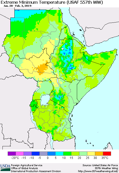 Eastern Africa Minimum Daily Temperature (USAF 557th WW) Thematic Map For 1/28/2019 - 2/3/2019
