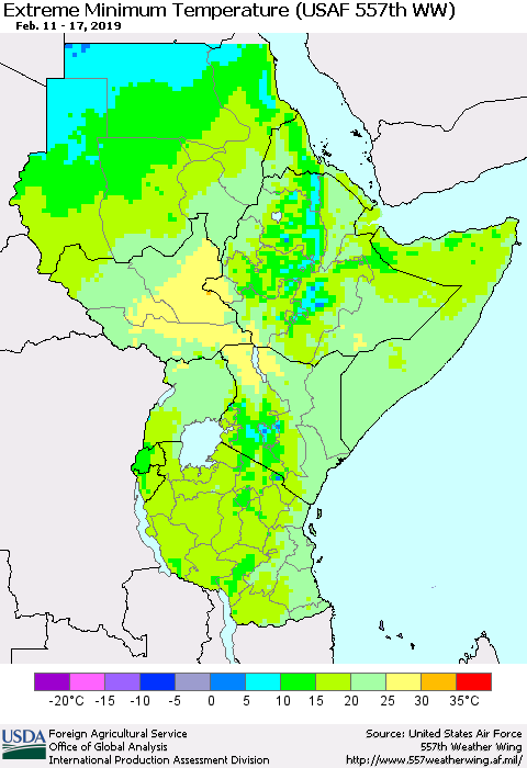 Eastern Africa Minimum Daily Temperature (USAF 557th WW) Thematic Map For 2/11/2019 - 2/17/2019