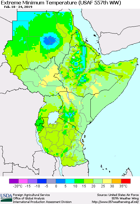 Eastern Africa Minimum Daily Temperature (USAF 557th WW) Thematic Map For 2/18/2019 - 2/24/2019