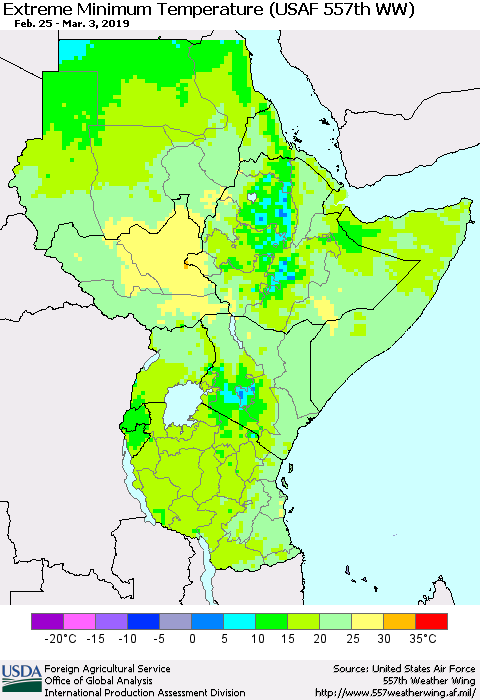 Eastern Africa Minimum Daily Temperature (USAF 557th WW) Thematic Map For 2/25/2019 - 3/3/2019