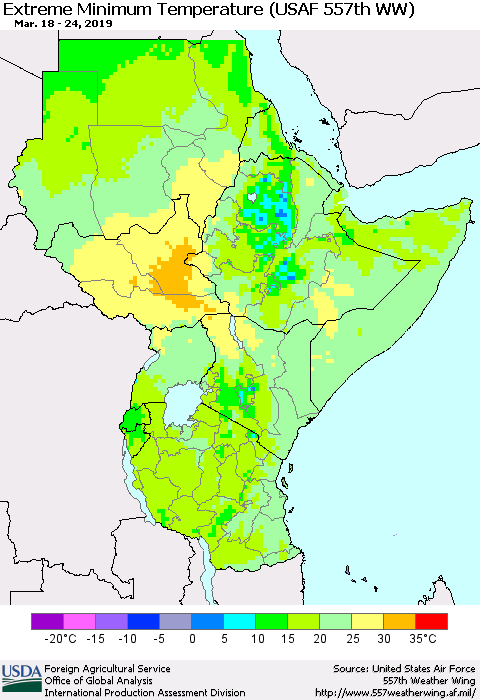 Eastern Africa Minimum Daily Temperature (USAF 557th WW) Thematic Map For 3/18/2019 - 3/24/2019