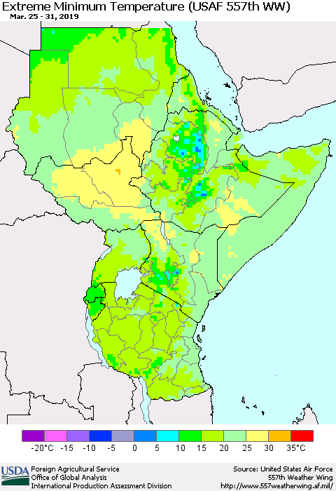 Eastern Africa Minimum Daily Temperature (USAF 557th WW) Thematic Map For 3/25/2019 - 3/31/2019
