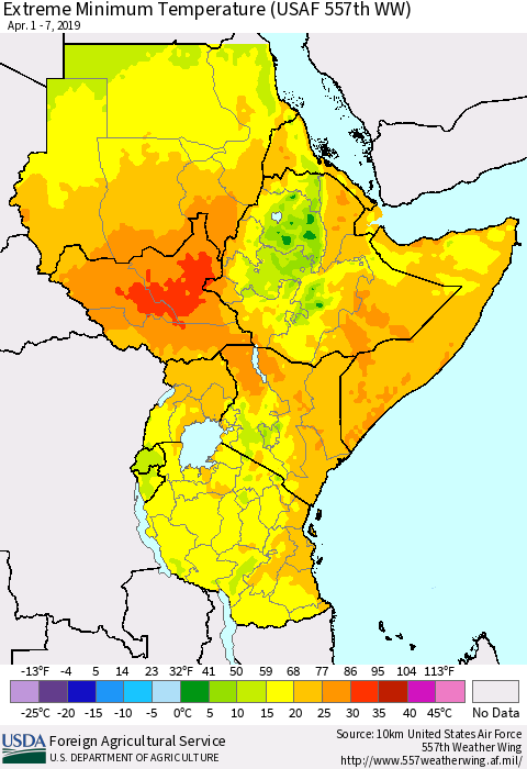 Eastern Africa Minimum Daily Temperature (USAF 557th WW) Thematic Map For 4/1/2019 - 4/7/2019