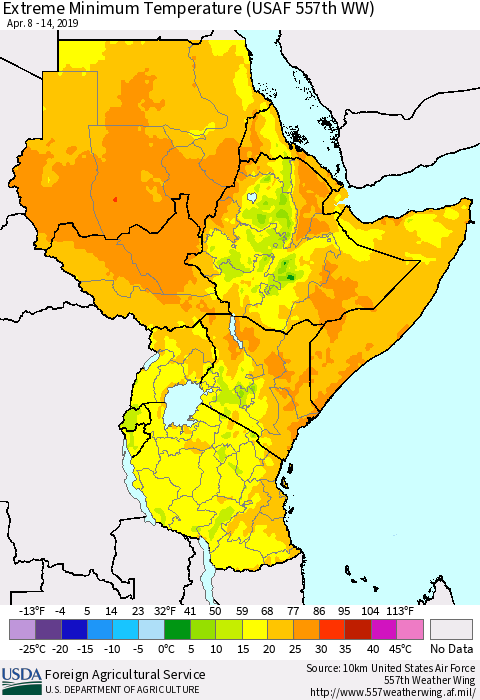 Eastern Africa Minimum Daily Temperature (USAF 557th WW) Thematic Map For 4/8/2019 - 4/14/2019