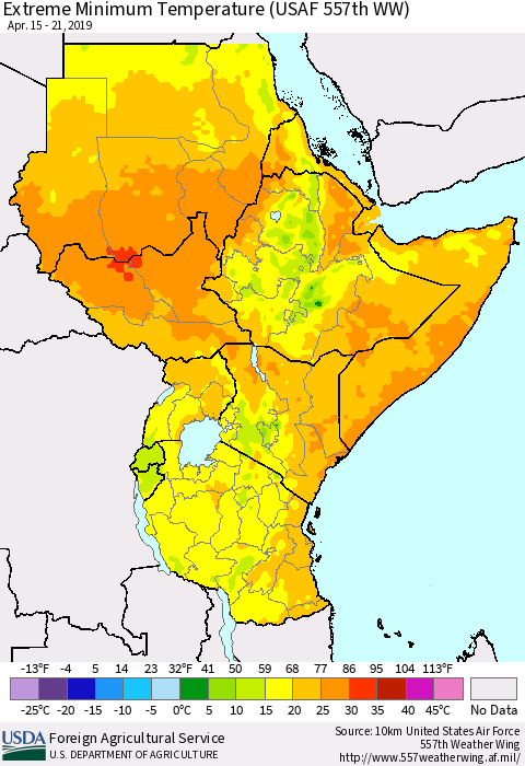 Eastern Africa Minimum Daily Temperature (USAF 557th WW) Thematic Map For 4/15/2019 - 4/21/2019