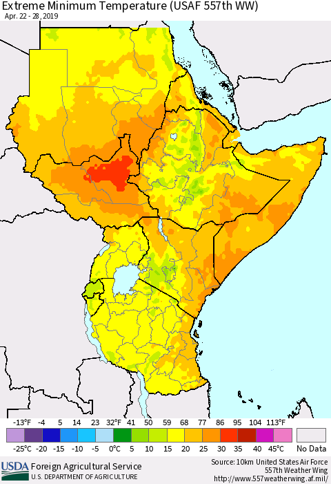 Eastern Africa Minimum Daily Temperature (USAF 557th WW) Thematic Map For 4/22/2019 - 4/28/2019