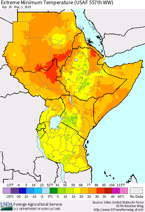 Eastern Africa Minimum Daily Temperature (USAF 557th WW) Thematic Map For 4/29/2019 - 5/5/2019
