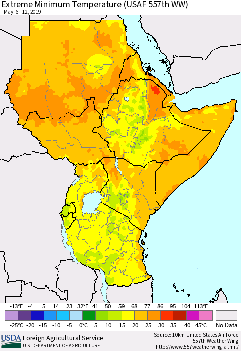 Eastern Africa Minimum Daily Temperature (USAF 557th WW) Thematic Map For 5/6/2019 - 5/12/2019