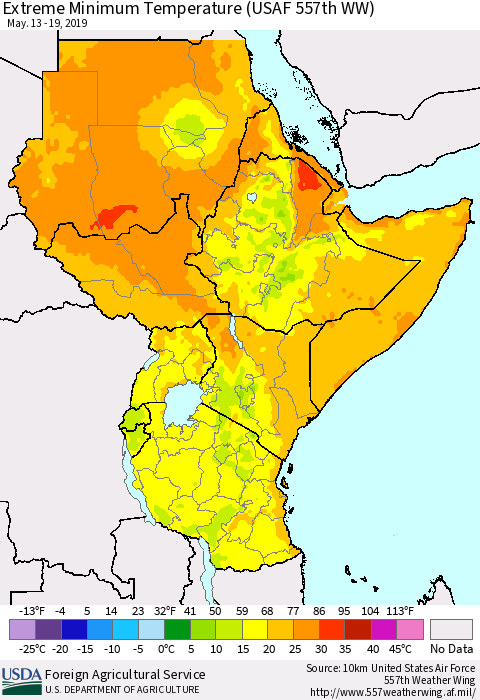 Eastern Africa Minimum Daily Temperature (USAF 557th WW) Thematic Map For 5/13/2019 - 5/19/2019