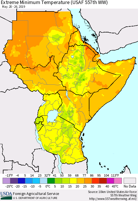 Eastern Africa Minimum Daily Temperature (USAF 557th WW) Thematic Map For 5/20/2019 - 5/26/2019