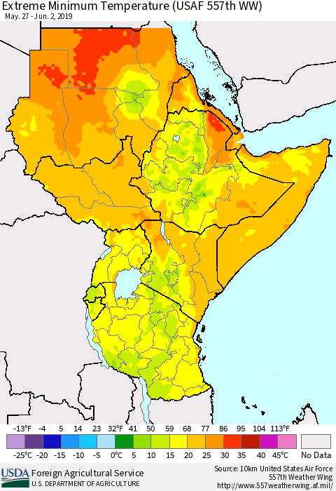 Eastern Africa Minimum Daily Temperature (USAF 557th WW) Thematic Map For 5/27/2019 - 6/2/2019
