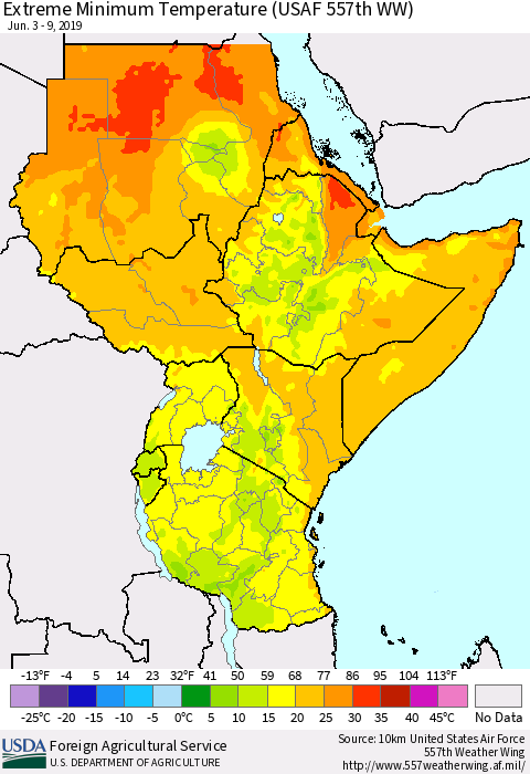 Eastern Africa Minimum Daily Temperature (USAF 557th WW) Thematic Map For 6/3/2019 - 6/9/2019