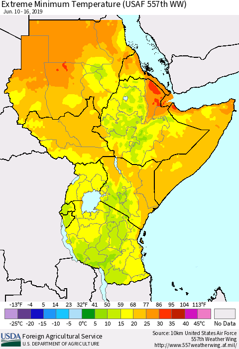 Eastern Africa Minimum Daily Temperature (USAF 557th WW) Thematic Map For 6/10/2019 - 6/16/2019