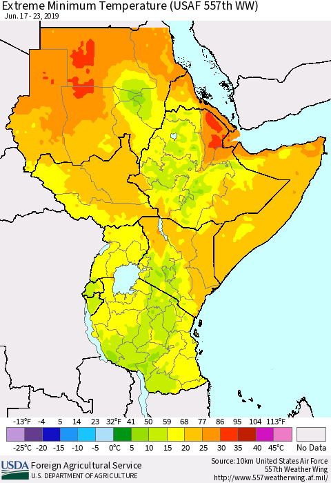Eastern Africa Minimum Daily Temperature (USAF 557th WW) Thematic Map For 6/17/2019 - 6/23/2019
