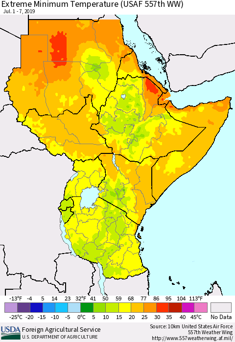 Eastern Africa Minimum Daily Temperature (USAF 557th WW) Thematic Map For 7/1/2019 - 7/7/2019