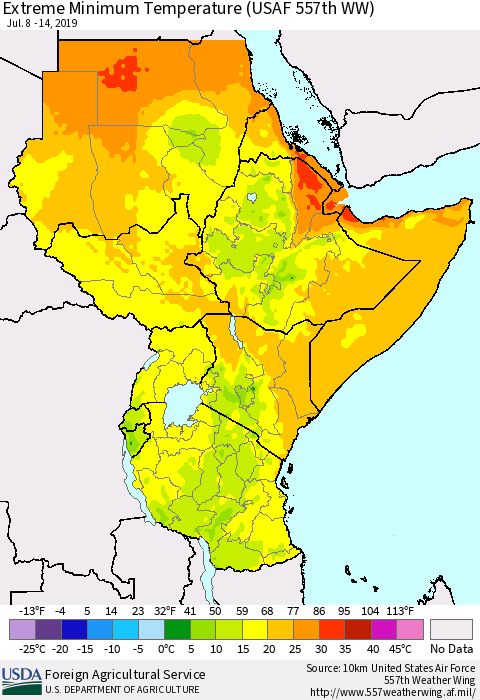 Eastern Africa Minimum Daily Temperature (USAF 557th WW) Thematic Map For 7/8/2019 - 7/14/2019