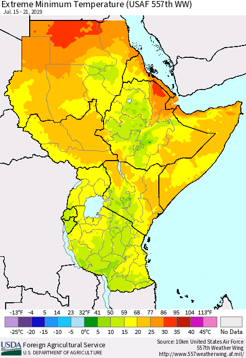 Eastern Africa Minimum Daily Temperature (USAF 557th WW) Thematic Map For 7/15/2019 - 7/21/2019