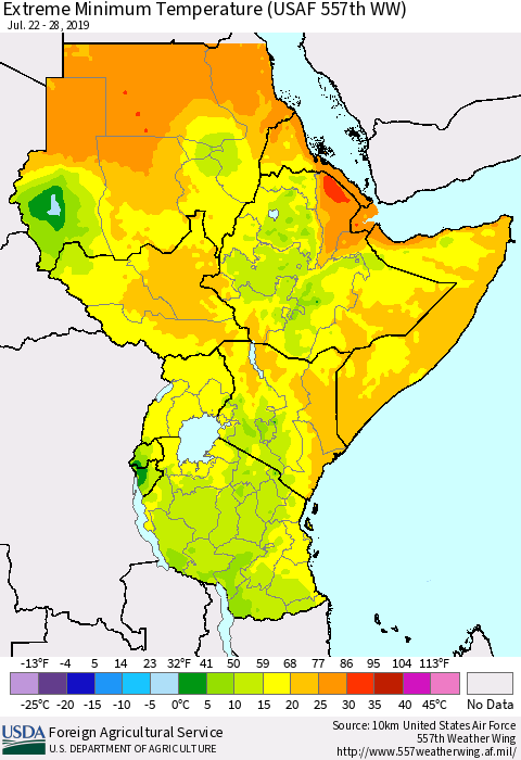 Eastern Africa Minimum Daily Temperature (USAF 557th WW) Thematic Map For 7/22/2019 - 7/28/2019