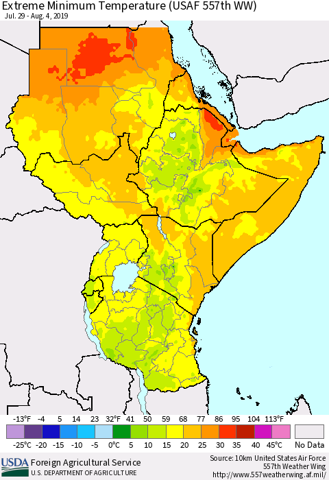 Eastern Africa Minimum Daily Temperature (USAF 557th WW) Thematic Map For 7/29/2019 - 8/4/2019