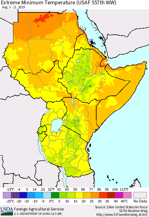 Eastern Africa Minimum Daily Temperature (USAF 557th WW) Thematic Map For 8/5/2019 - 8/11/2019