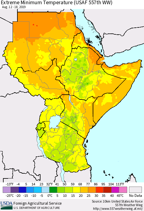 Eastern Africa Minimum Daily Temperature (USAF 557th WW) Thematic Map For 8/12/2019 - 8/18/2019