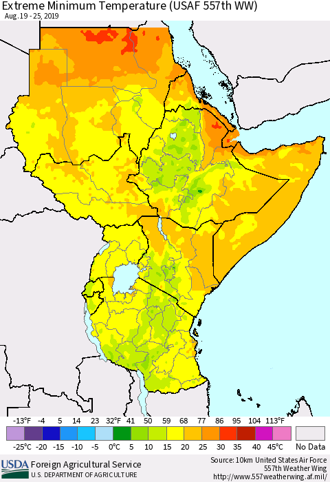 Eastern Africa Minimum Daily Temperature (USAF 557th WW) Thematic Map For 8/19/2019 - 8/25/2019