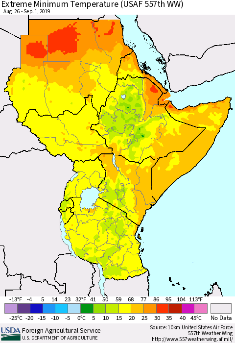Eastern Africa Minimum Daily Temperature (USAF 557th WW) Thematic Map For 8/26/2019 - 9/1/2019
