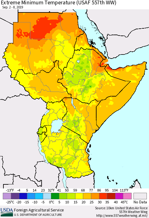 Eastern Africa Minimum Daily Temperature (USAF 557th WW) Thematic Map For 9/2/2019 - 9/8/2019