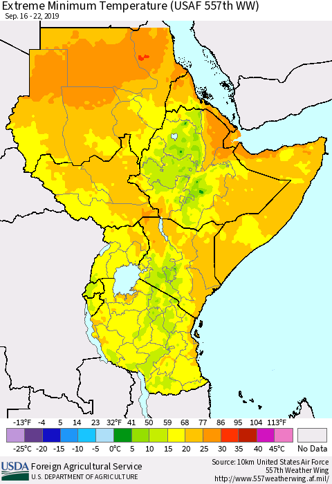 Eastern Africa Minimum Daily Temperature (USAF 557th WW) Thematic Map For 9/16/2019 - 9/22/2019