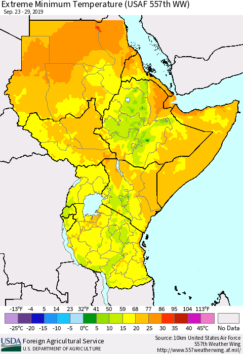 Eastern Africa Minimum Daily Temperature (USAF 557th WW) Thematic Map For 9/23/2019 - 9/29/2019