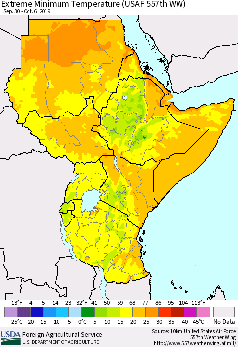 Eastern Africa Minimum Daily Temperature (USAF 557th WW) Thematic Map For 9/30/2019 - 10/6/2019