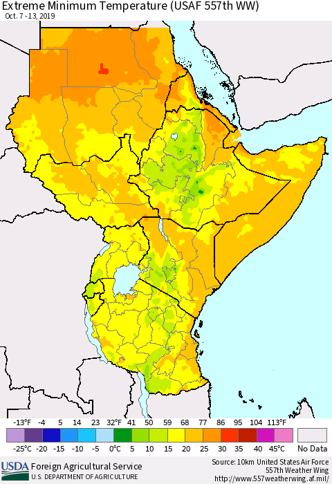 Eastern Africa Minimum Daily Temperature (USAF 557th WW) Thematic Map For 10/7/2019 - 10/13/2019