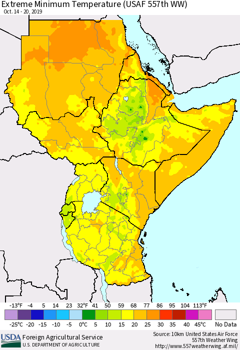 Eastern Africa Minimum Daily Temperature (USAF 557th WW) Thematic Map For 10/14/2019 - 10/20/2019