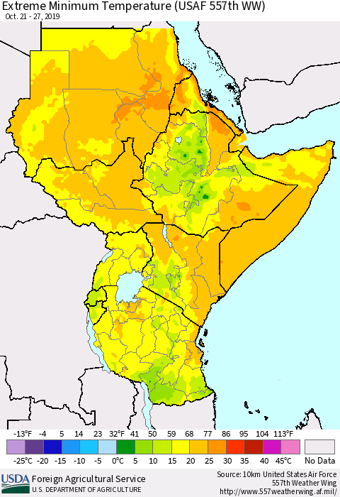 Eastern Africa Minimum Daily Temperature (USAF 557th WW) Thematic Map For 10/21/2019 - 10/27/2019