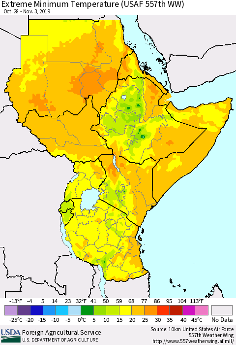Eastern Africa Minimum Daily Temperature (USAF 557th WW) Thematic Map For 10/28/2019 - 11/3/2019