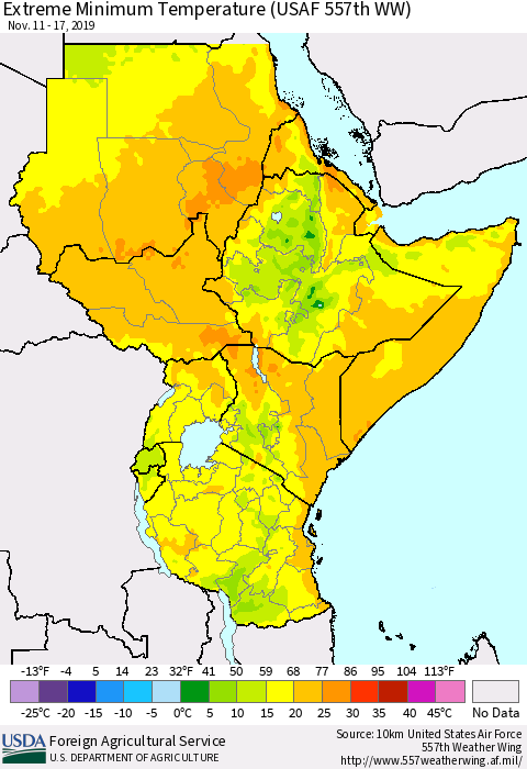 Eastern Africa Minimum Daily Temperature (USAF 557th WW) Thematic Map For 11/11/2019 - 11/17/2019