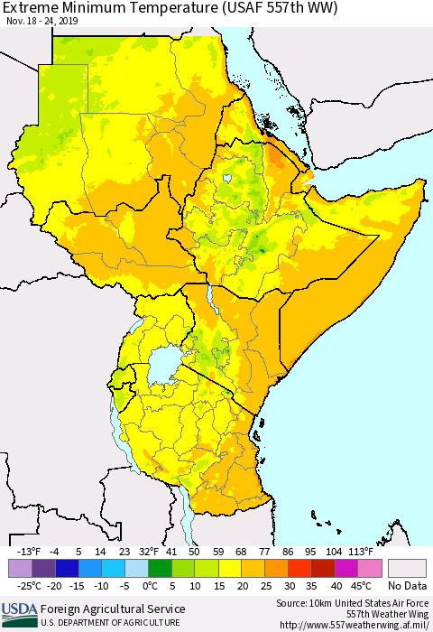 Eastern Africa Minimum Daily Temperature (USAF 557th WW) Thematic Map For 11/18/2019 - 11/24/2019